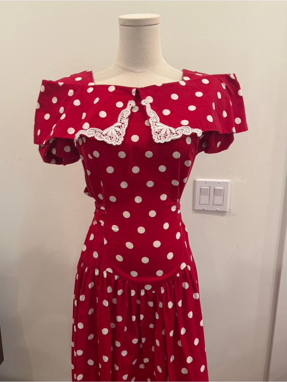 Vintage Red and White Polka Dot Maxi Dress with Lace Trim